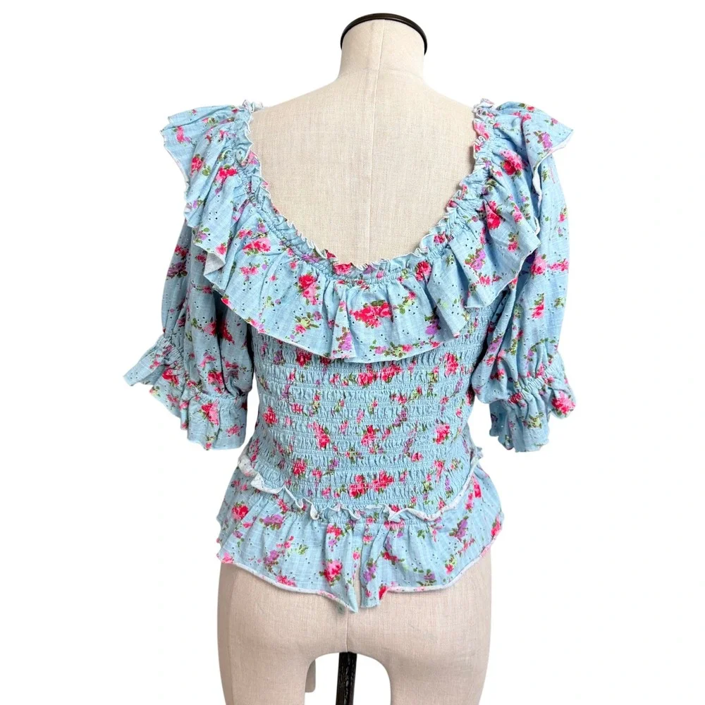 Free People Favorite Girl Floral Ruffle Smocked Top Blue Pink Cotton Size M
